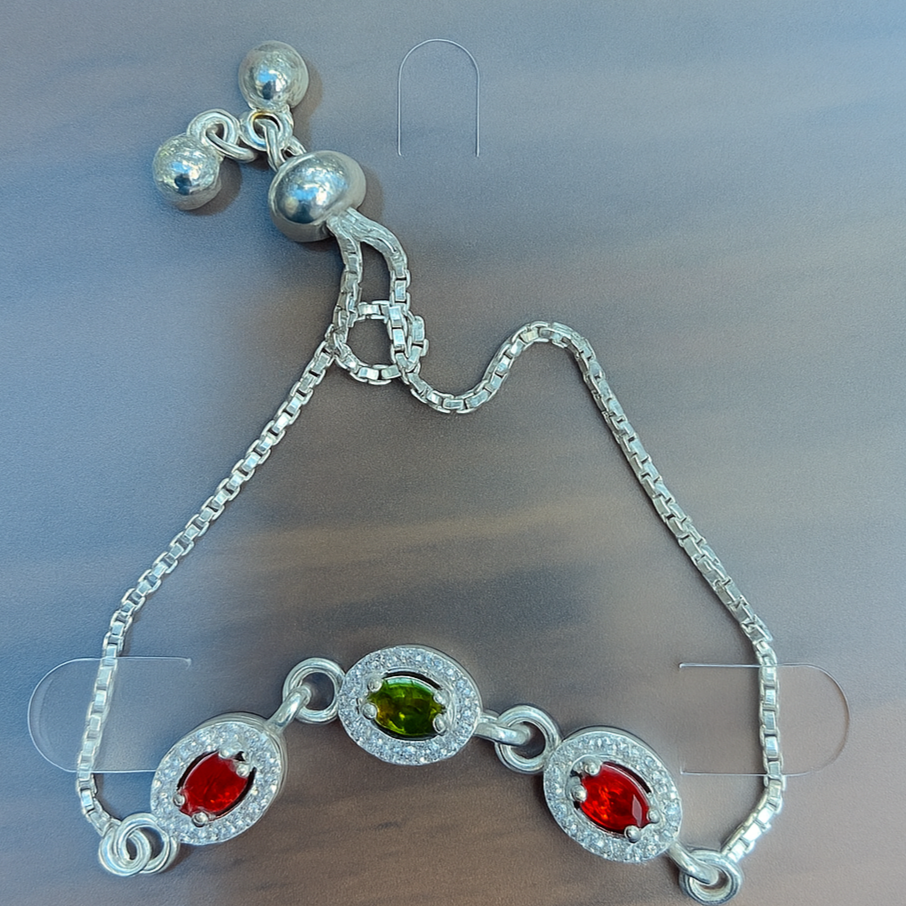Elegant Silver Adjustable Bracelet with Red & Green Gemstones