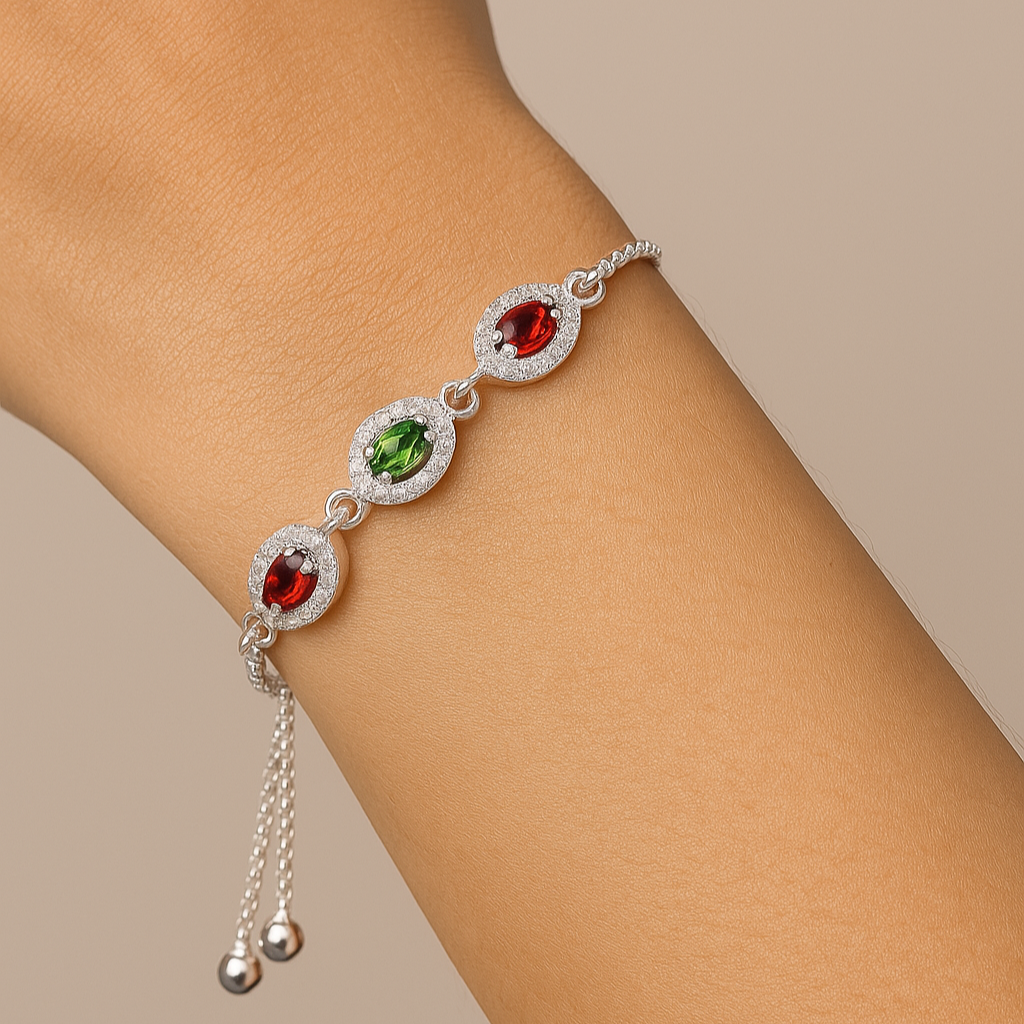 Elegant Silver Adjustable Bracelet with Red & Green Gemstones